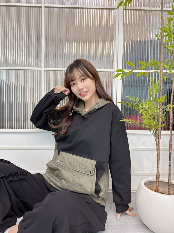 2510035 TU Mixed Material Quilted Hoodie - Black