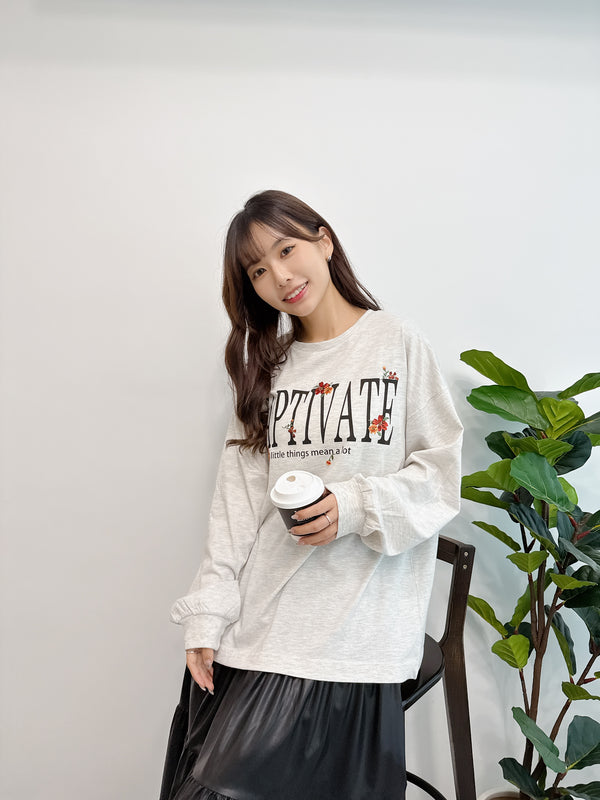 2510041 GL Logo Print & Floral Embroidery Top - Oatmeal