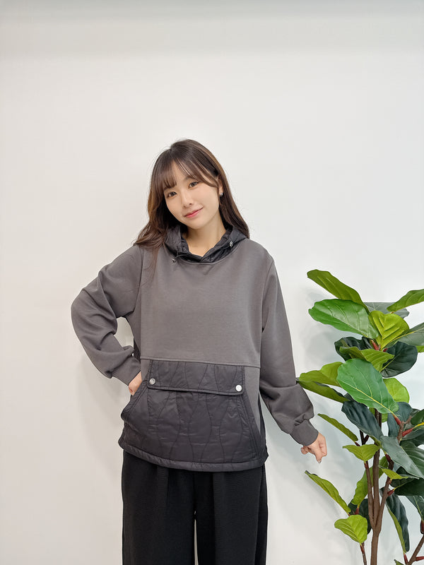2510035 TU Mixed Material Quilted Hoodie - Charcoal