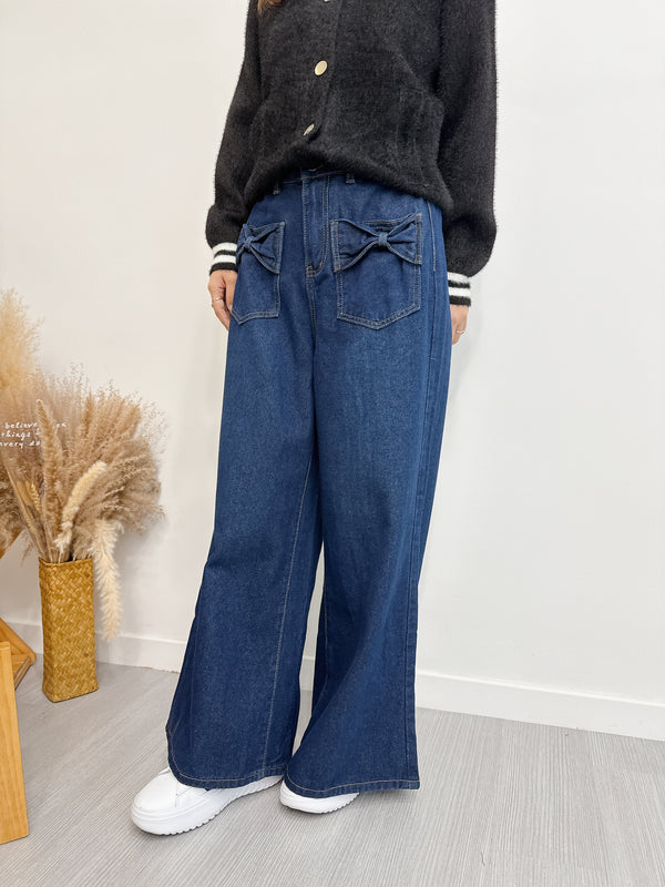 2510030 TU Ribbon Pockets Denim Flares Pants - Navy