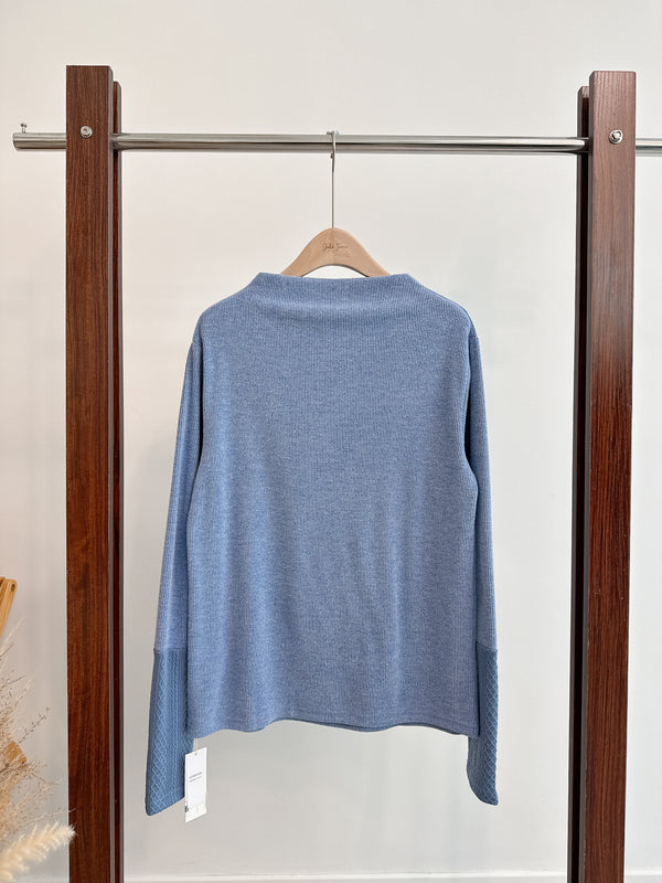 2510058 MMO Rib x Jacquard Bottle Neck Top - Blue