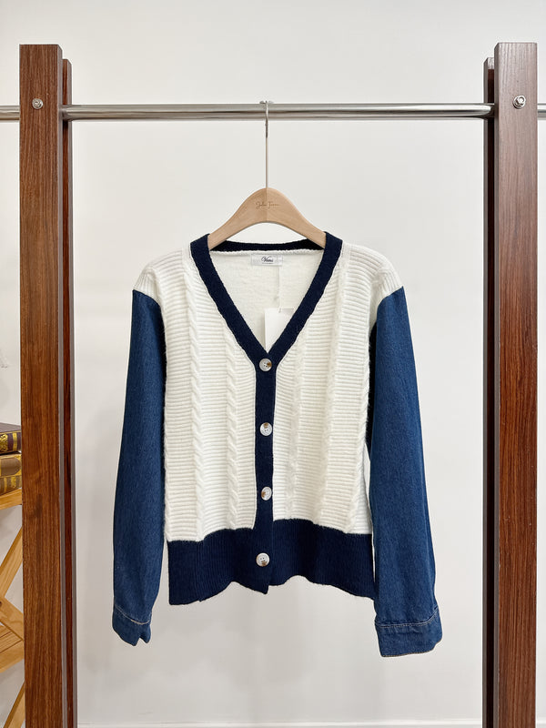2510095 FA Cable Knit Denim Docking Cardigan - White