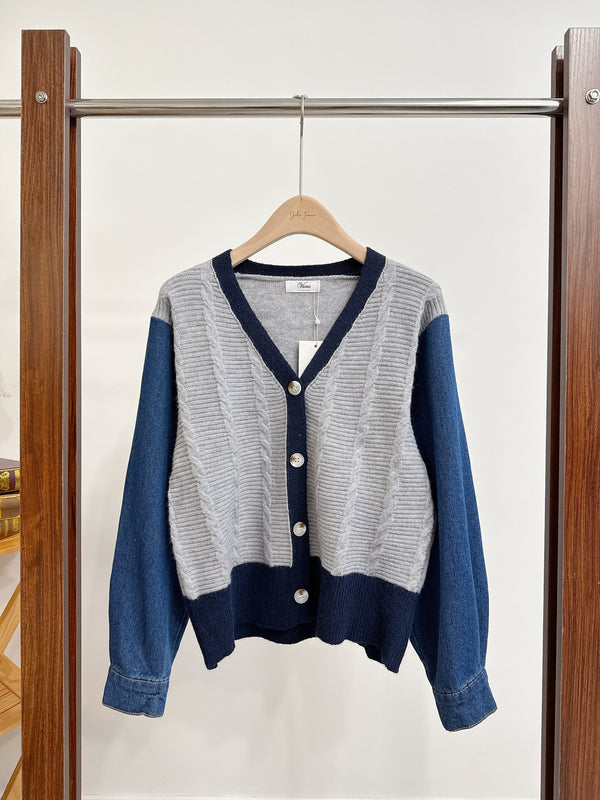 2510095 FA Cable Knit Denim Docking Cardigan - Grey