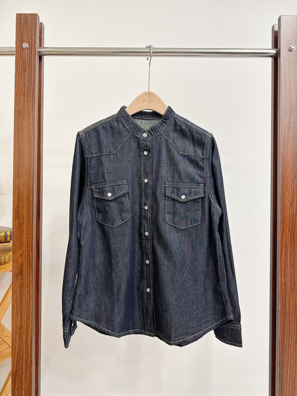 2510084 LA Collarless Western Denim Shirt - Navy