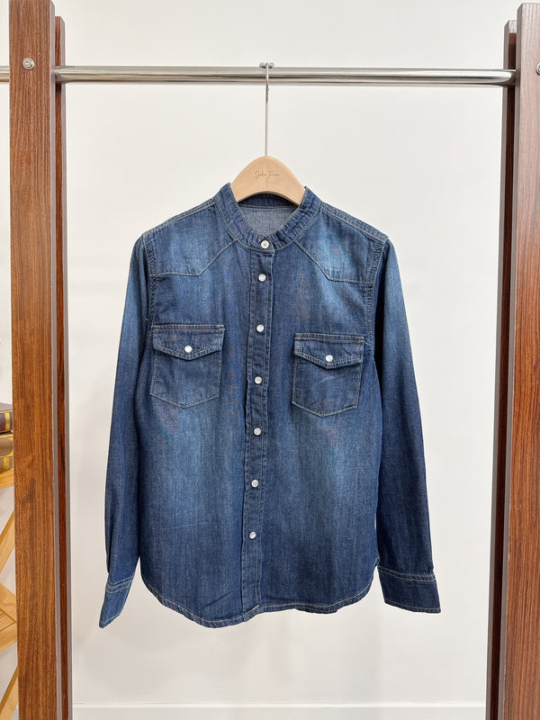 2510084 LA Collarless Western Denim Shirt - Blue