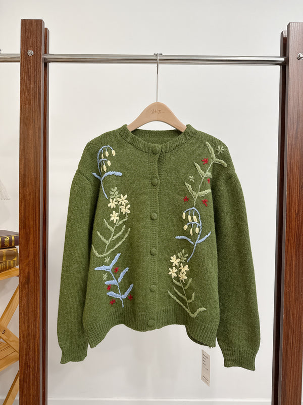 2510091 RO Flower Embroidered Cardigan - Green