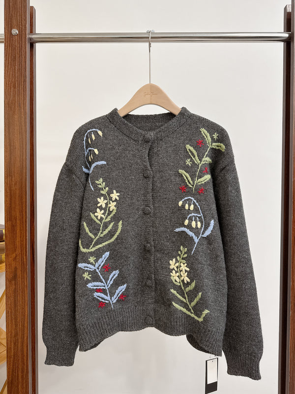2510091 RO Flower Embroidered Cardigan - Charcoal