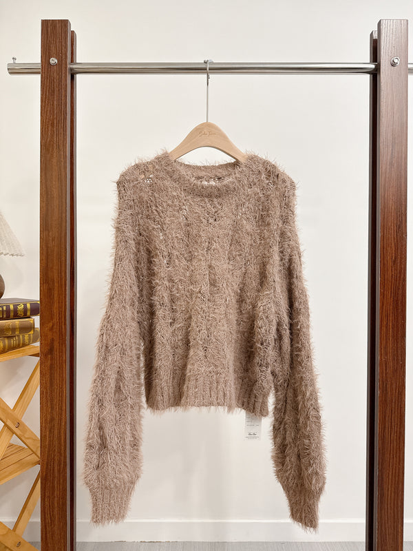 2510089 RO Mohair Feather Openwork Knit Top - Mocha